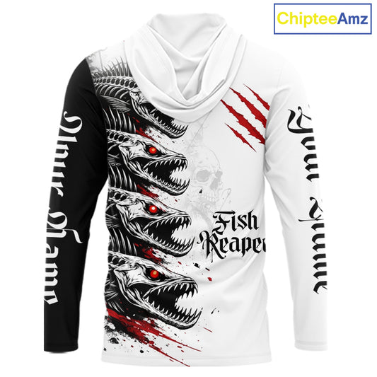 Personalized Fishing Fish Skeleton Hooded Fishing Shirts Jerseys, Fish Reaper Skull Fishing Shirts NHT516