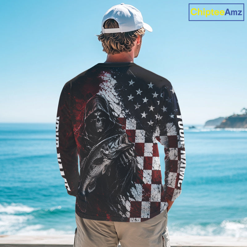 Grim Reaper Largemouth Bass Jersey – American Flag Patriotic Fisherman Long Sleeve Fishing Shirt