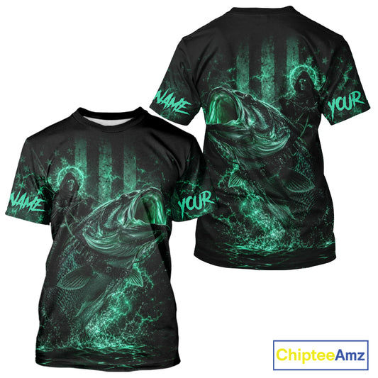 Back view of turquoise bass fishing shirt made from breathable polyester with UPF 30+ sun protection.