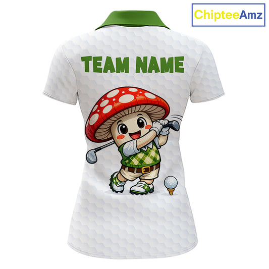 Funny Cartoon Mushroom Womens Golf Polo Shirt White Argyle Green Pattern Golf Shirt NHT890