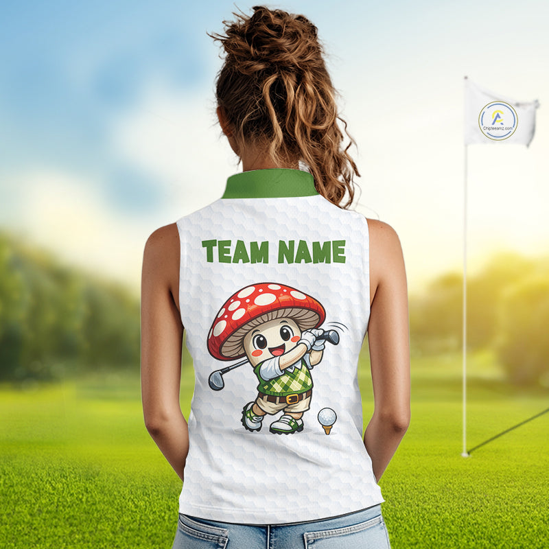 Funny Cartoon Mushroom Sleeveless Womens Golf Polo Shirt White Argyle Green Pattern Golf Shirt NHT890