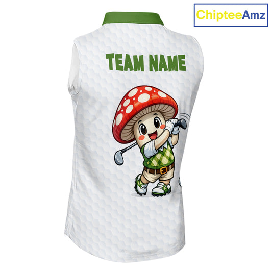 Funny Cartoon Mushroom Sleeveless Womens Golf Polo Shirt White Argyle Green Pattern Golf Shirt NHT890