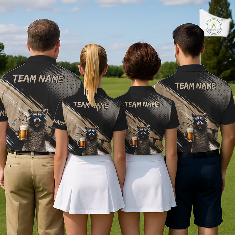 Funny Raccoon Golf Polo Shirt Custom Name Golf Beer Polo Gift For Women Black Beige Golf Jersey NHT891