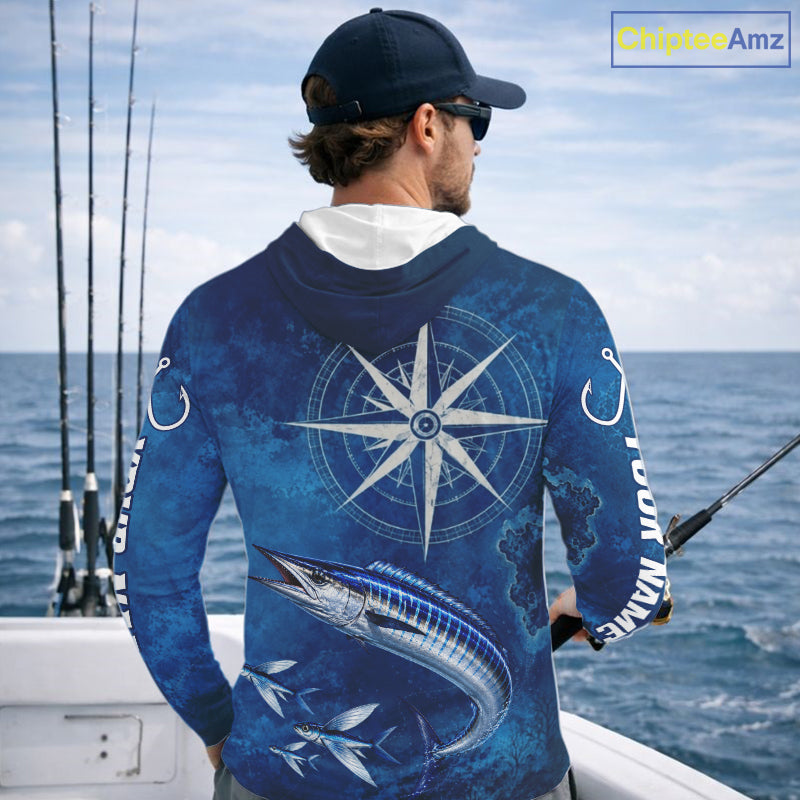 Wahoo Fishing Shirt Long Sleeve Hooded Gift For Men – Deep Sea Angler Ocean Compass Design