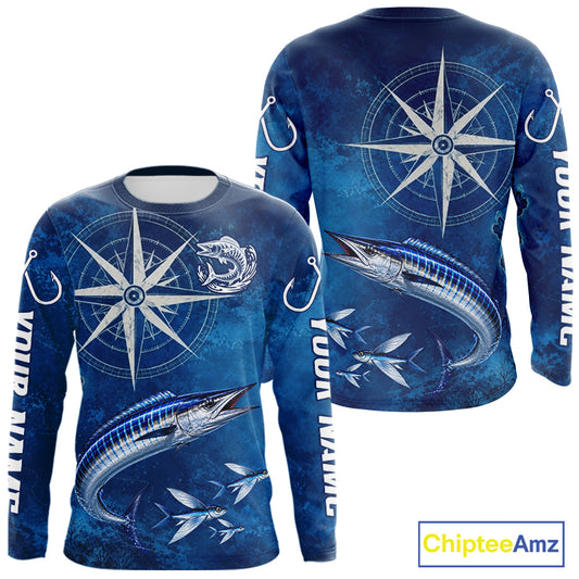 Wahoo Fishing Shirt Long Sleeve Gift For Men – Deep Sea Angler Ocean Compass Design