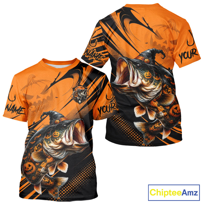 Halloween Bass Fishing Shirt, Largemouth Bass Long Sleeve Fishing Jersey, Custom Angler Gift NHT1354