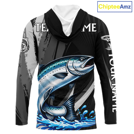 Personalized Black Camo Chinook Salmon Fishing Jerseys, Salmon Long Sleeve Hooded Fishing Shirts NHT463