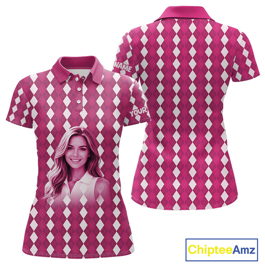 Womens Golf Polo Shirt Custom Photo Face Pink Argyle Plaid Pattern, Mother's Day Golfing Gifts NHT744