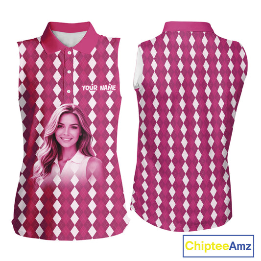 Sleeveless Womens Golf Polo Shirt Custom Photo Face Pink Argyle Plaid Pattern, Mother's Day Golfing Gifts NHT744