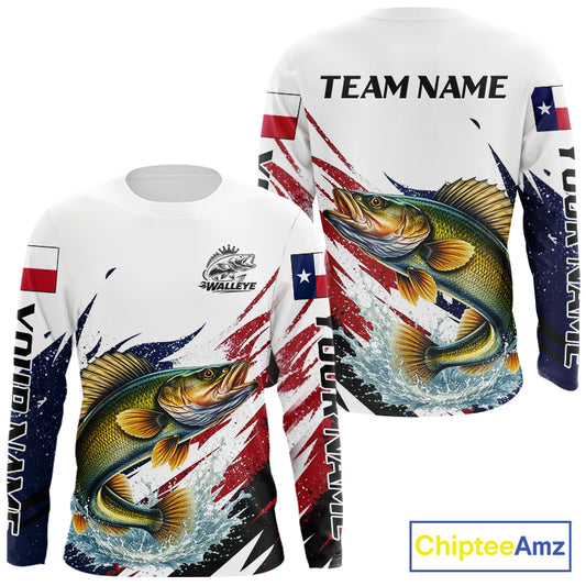 Custom Texas Flag Walleye Fishing Shirts, Texas Walleye Fishing Shirts Long Sleeve For Team NHT911