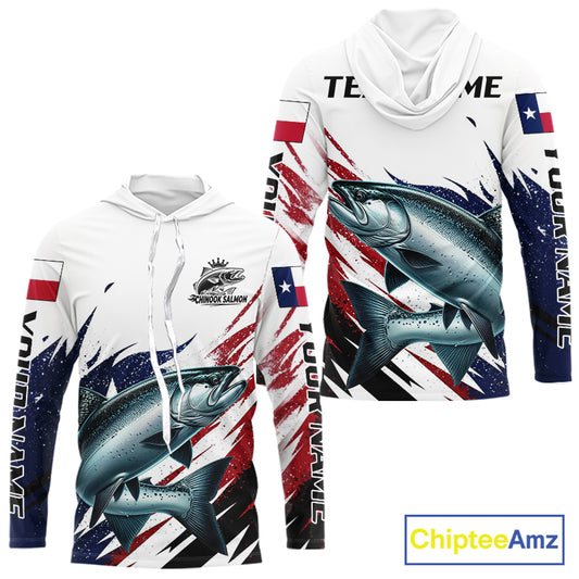 Custom Texas Flag Chinook Salmon Fishing Shirts, Texas Chinook Salmon Fishing Shirts Long Sleeve Hooded For Team NHT914