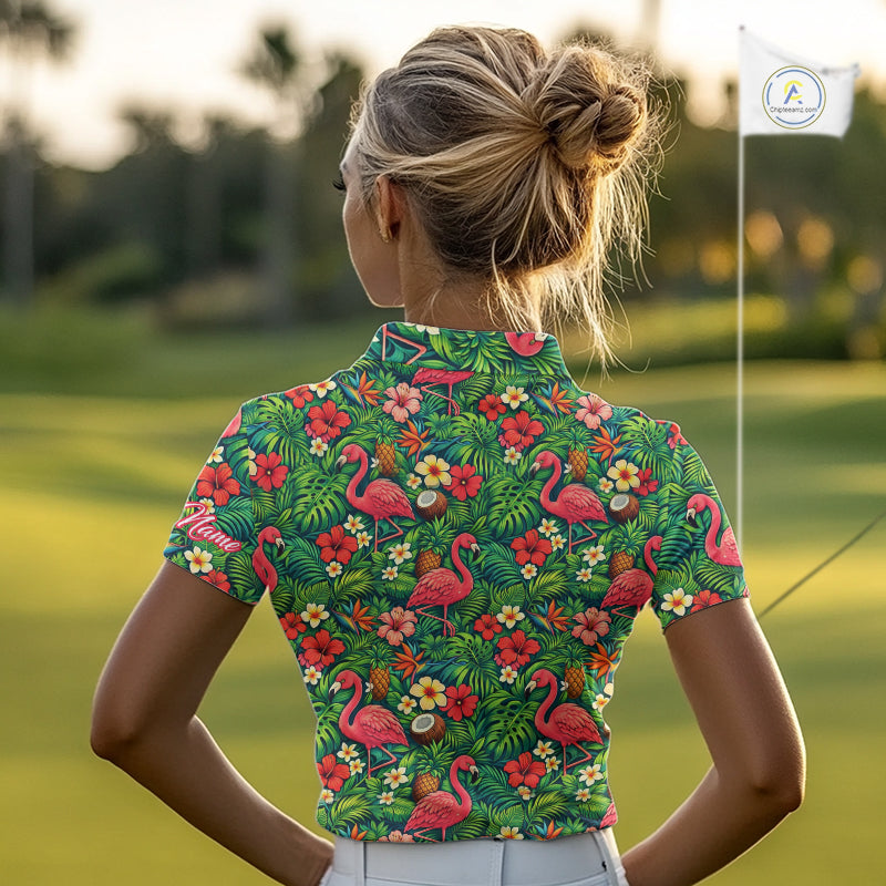 Womens Golf Polo Shirt Colorful Floral Flamingo Pattern Tropical Leaves Custom Name NHT538