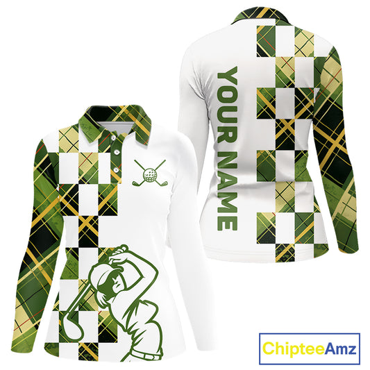 Personalized Green Tartan Plaid Womens Golf Polo Shirt, Custom Name Golf Shirt For Team NHT553