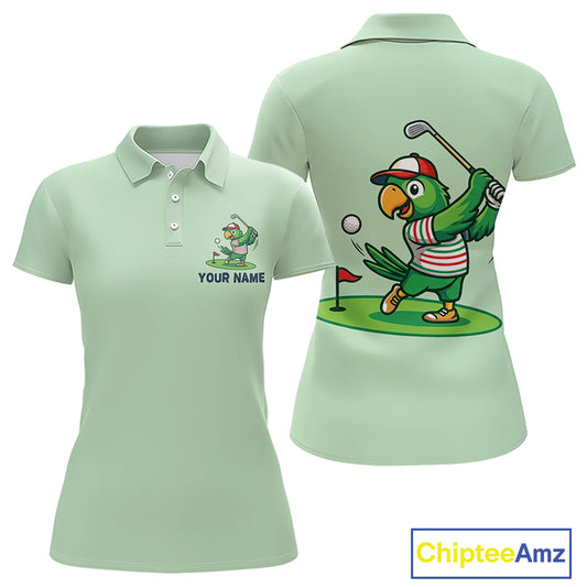 Personalized Womens Golf Polo Shirt Custom Name Funny Green Parrot Design|Green