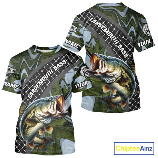 Largemouth Bass Short Sleeve Fishing T-Shirt Abstract Green Camo Performance Jersey For Men NHT922