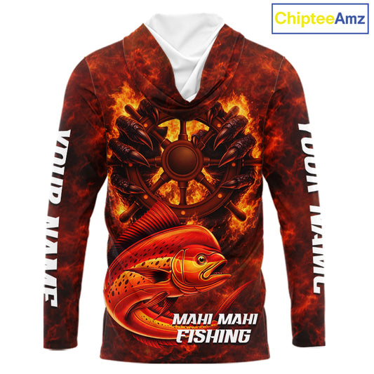 Red Mahi Mahi Fishing Shirts Long Sleeve Hooded, Personalized Men's Fishing Shirt NHT420