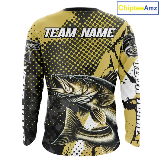 Personalized Walleye Fishing Shirts Long Sleeve, Yellow Camo Walleye Fishing Shirts NHT483