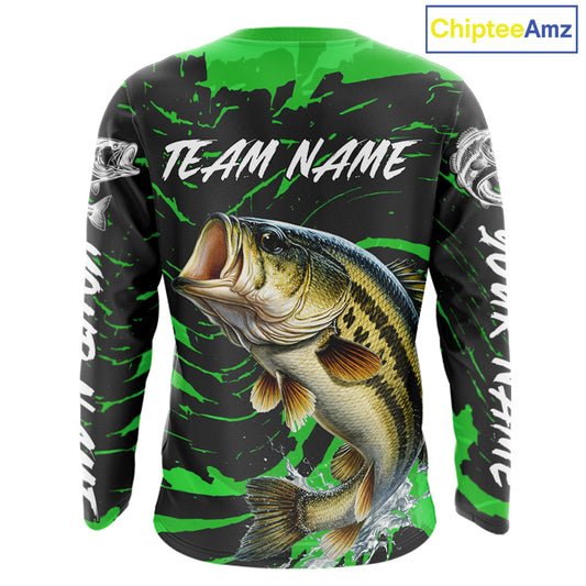 Custom Largemouth Bass Fishing Shirts Long Sleeve – Performance Tournament Jersey For Men| Green NHT772
