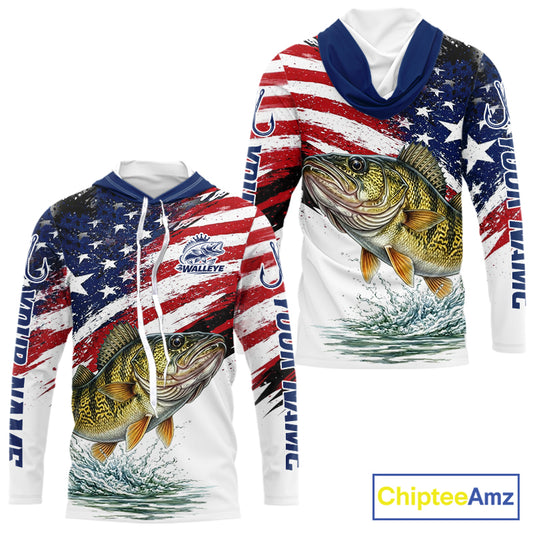 Personalized Patriotic Walleye Fishing Shirts Long Sleeve Hooded , American Flag Fishing Jerseys For Men NHT774