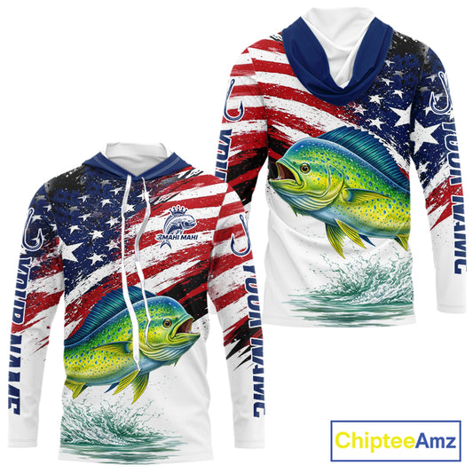 Personalized Patriotic Mahi Mahi( Dorado) Fishing Shirts Long Sleeve Hooded, American Flag Fishing Jerseys For Men NHT775