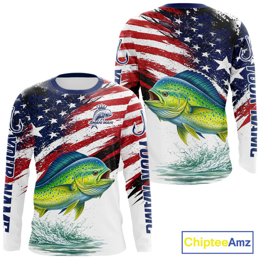 Personalized Patriotic Mahi Mahi( Dorado) Fishing Shirts Long Sleeve, American Flag Fishing Jerseys For Men NHT775