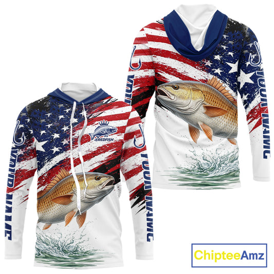 Personalized Patriotic Redfish Fishing Shirts Long Sleeve Hooded, American Flag Fishing Jerseys For Men NHT776