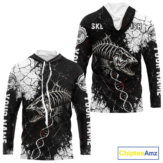 Skeleton Fish Long Sleeve Hooded Shirt DNA Helix Graphic Fishing Lover 3D Print Angler Gift Apparel For Men