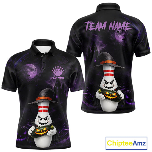 Black short-sleeve polo shirt shown from front and back with a Halloween-themed ghost graphic, purple cosmic background, and customizable text placeholders. A ChipteeAmz logo appears in the bottom right corner.