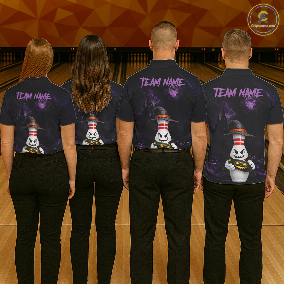 Personalized Halloween Bowling 1/4 Zip Polo Shirt For Men - Purple Witch Pin Team Name Jersey NHT1275
