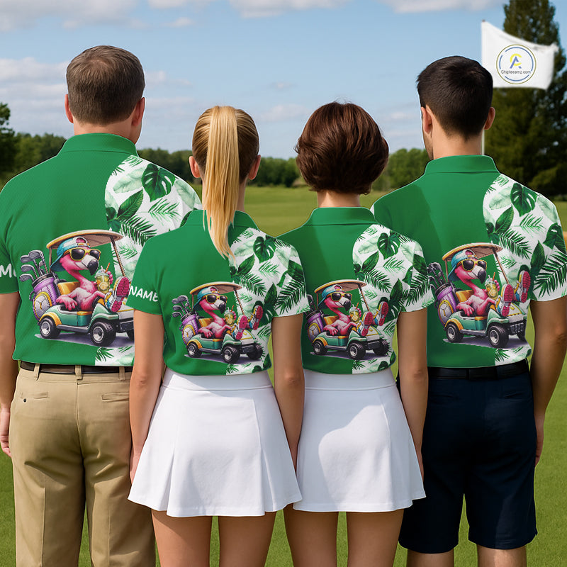 Personalized Tropical Leaf Green Golf Cart Design, Custom Flamingo Funny Mens Golf Polo Shirt NHT596