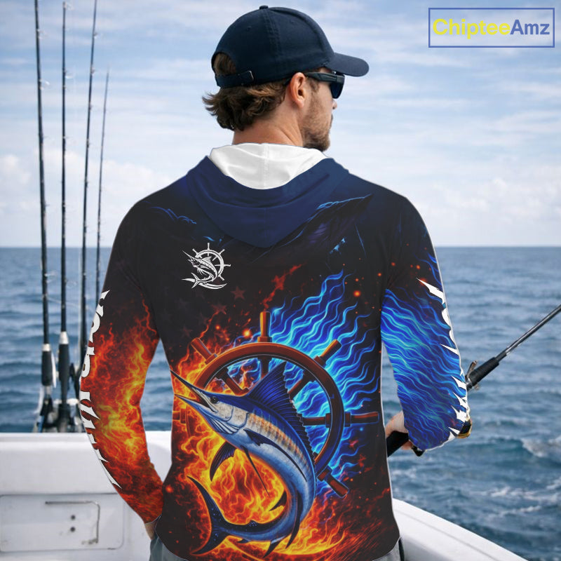 Marlin Fishing Shirt Long Sleeve Blue Fire Flame Smoke Personalized Name, Best Fishing Gift NHT427