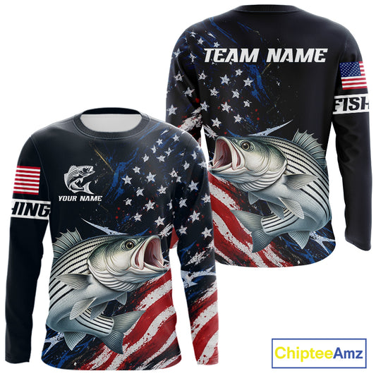 Striped Bass Fishing Shirt Long Sleeve USA Flag Camo, custom name