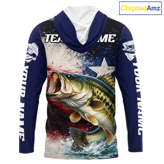 Personalized Bass Custom Texas Flag Performance Fishing Shirts, Bass Hooded Fishing Shirts Long Sleeve For Men NHT607