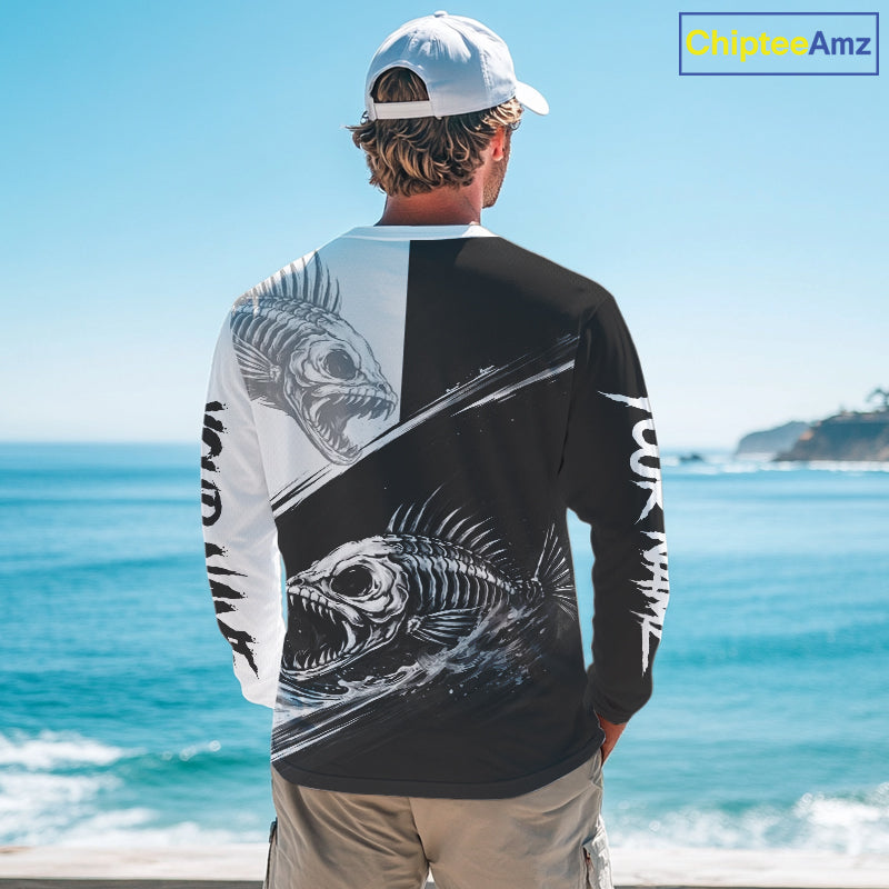 Personalized Fish Skeleton Fishing Shirts Jerseys, Fish Reaper Skull Fishing Shirts For Men NHT824