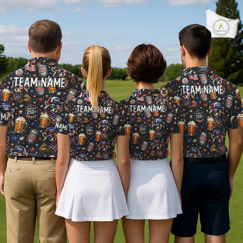 Personalized Women's Patriotic Raccoon Shirt Custom Name USA Flag Polo Funny Beer & Golf Lover Gift NHT985