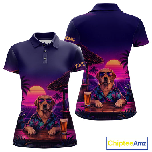 Retro Dog Womens Golf Polo Shirt Personalized Name Summer Beach Beer Golf Shirt Gift For Dog Lover