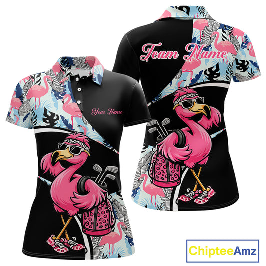 Funny Pink Flamingo Pattern Tropical Flamingo Golf Polo Shirt For Womens, Custom Flamingo Golf Shirt For Team NHT653
