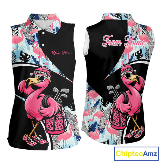 Funny Pink Flamingo Pattern Tropical Flamingo Sleeveless Womens Golf Polo Shirt, Custom Flamingo Golf Shirt For Team NHT653