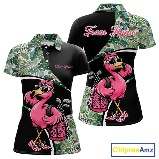 Funny Pink Flamingo Pattern Green Tropical Golf Polo Shirt For Womens, Custom Flamingo Golf Shirt For Team NHT654