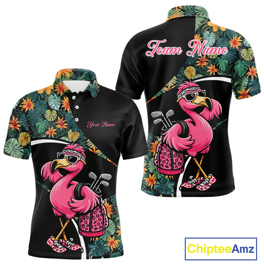 Funny Pink Flamingo Green Tropical Golf Polo Shirt For Men, Custom Flamingo Golf Shirt For Team NHT656