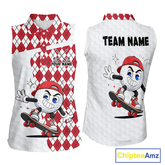 Sleeveless Women Golf Polo Shirt Argyle Pattern Golf Shirts For Womens Funny Golf Ball Shirt Gifts|Red NHT861