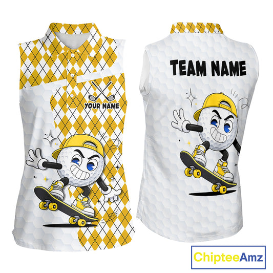 Sleeveless Women Golf Polo Shirt Argyle Pattern Golf Shirts For Womens Funny Golf Ball Shirtgifts|Yellow NHT864