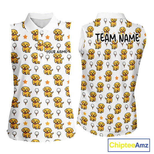 Custom Golden Retriever Womens Sleeveless Golf Polo Shirt - Personalized Dog Lover Team Name Jersey