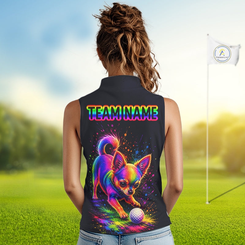 Personalized Womens Sleeveless Chihuahua Playing Golf Button Down Shirt - Custom Dog Lover Team Jersey NHT1012