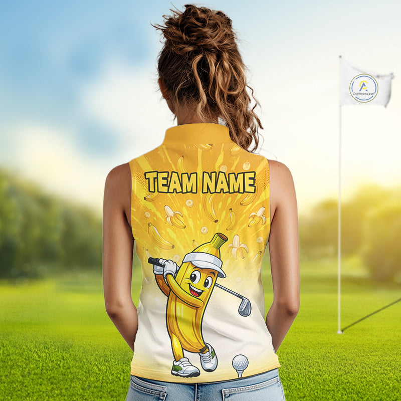 Woman wearing a yellow sleeveless shirt with a cartoon banana character and 'Team Name' text on a golf course.