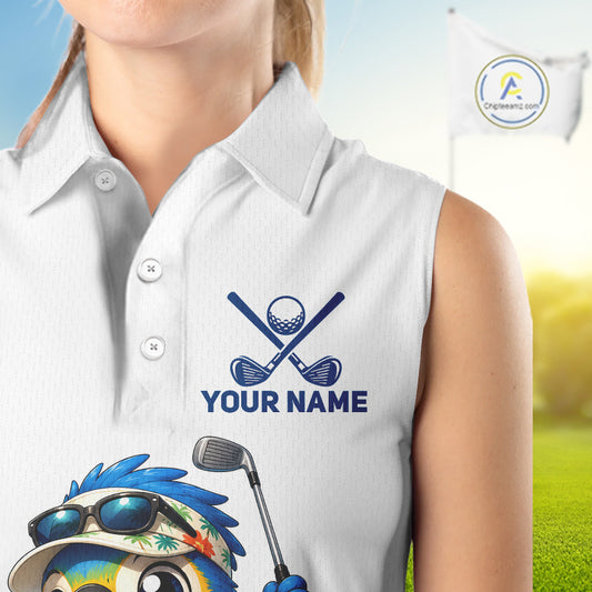 Womens sleeveless golf polo shirt with surfing parrot graphic, personalized name and team, tropical beach bird golf top.