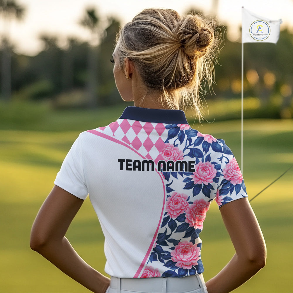 Personalized Pink Tropical Flower Womens Golf Tops Custom Team Golf Shirts, Familly Team Shirt NHT699