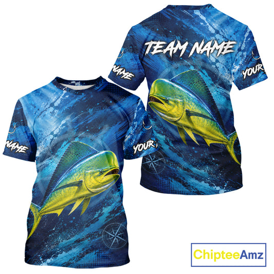 Back view of custom mahi mahi fishing shirt made from breathable polyester with UPF 30+ sun protection.