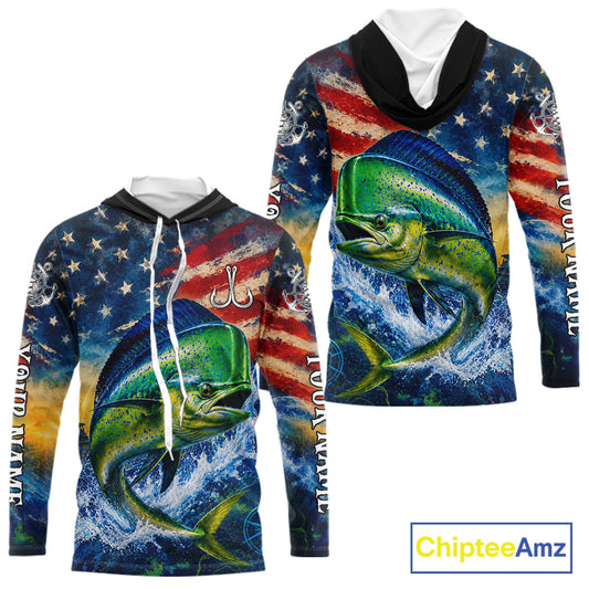 Mahi Mahi Fishing Shirt American Flag 3D All Over Print Long Sleeve Hooded Performance Apparel For Men NHT1087