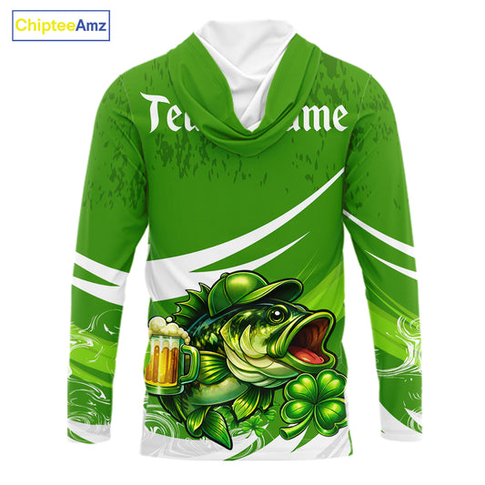 Custom St Patrick's Day Bass Long Sleeve Hooded Fishing Shirts, Bass Fishing Jerseys NHT422
